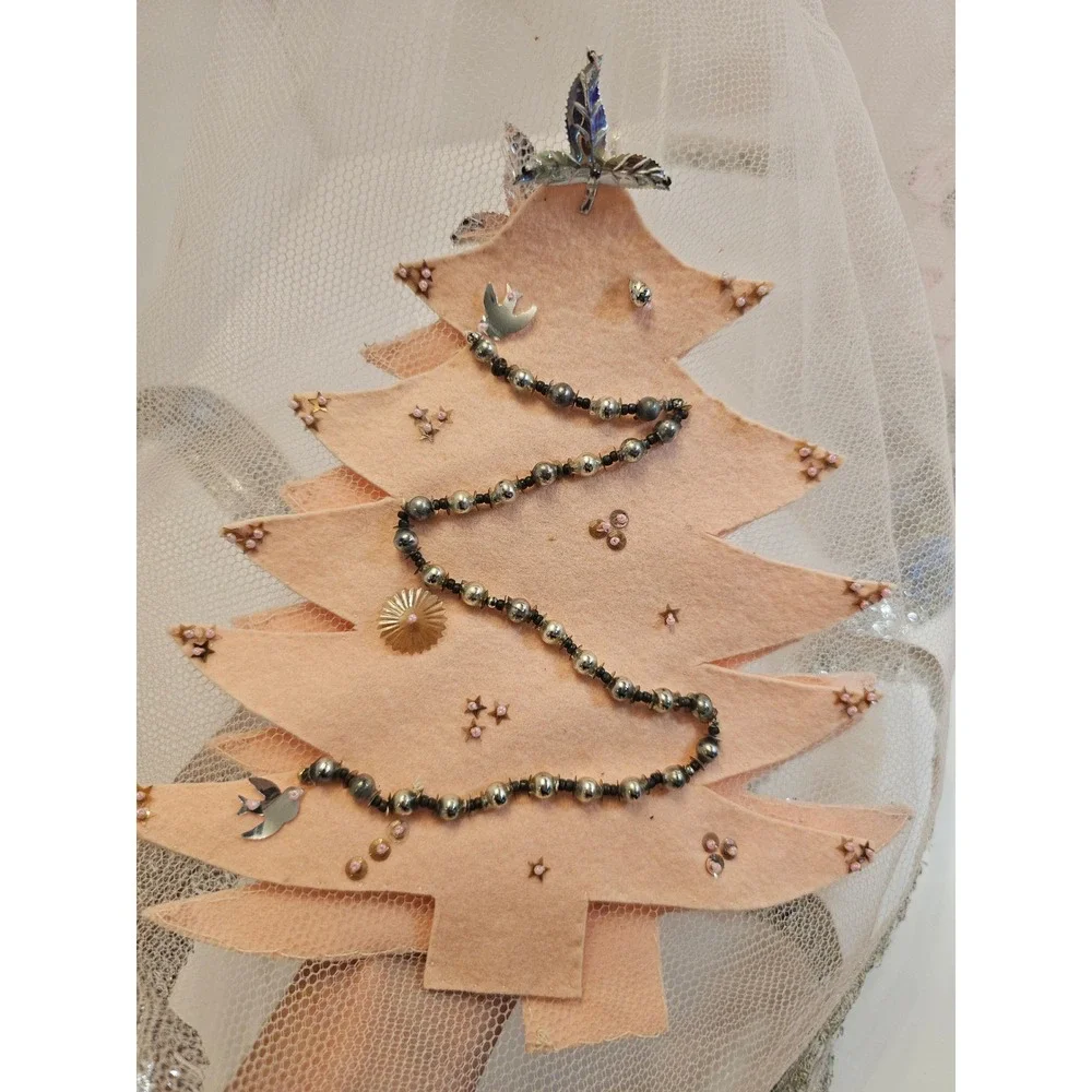 Vintage pink‎ Handmade Beaded Tulle Christmas Tree Tablecloth with Tinsel Fringe